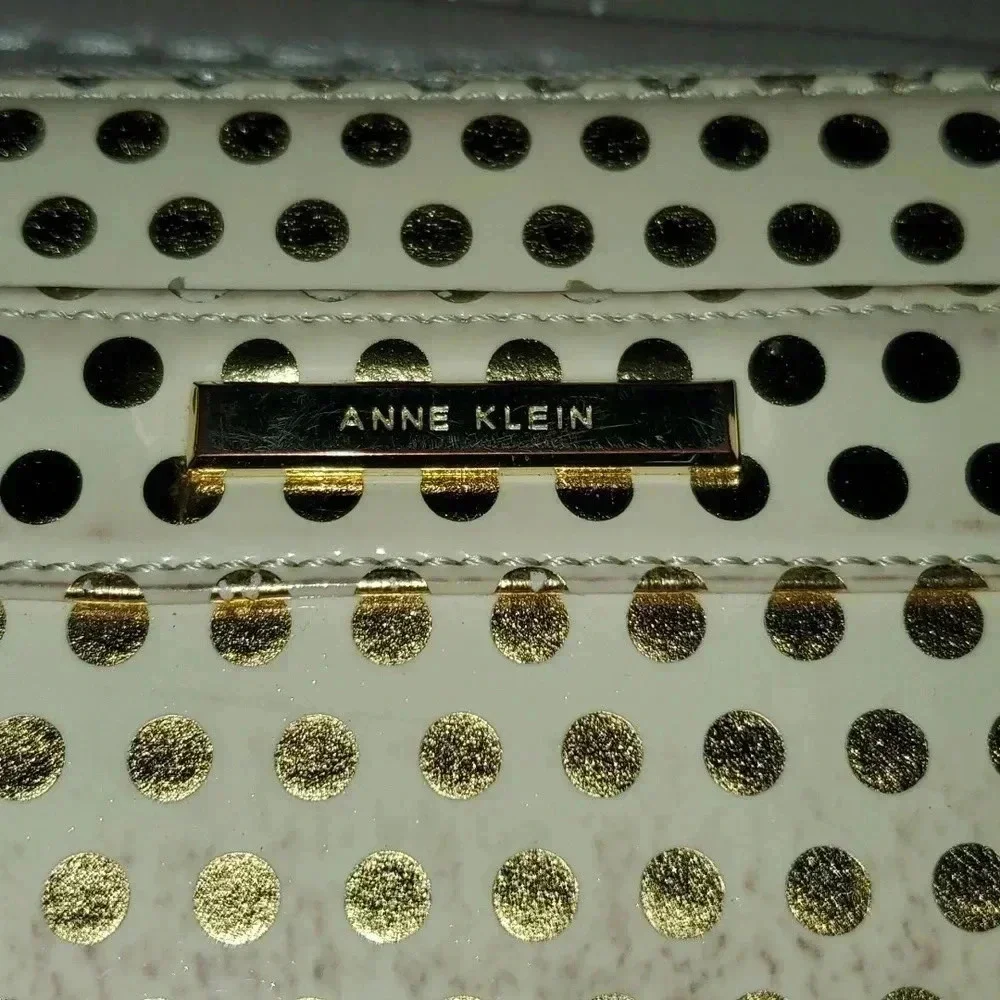 ANNE KLEIN Zip Around Wallet Cream & Gold Patent Polka Dot